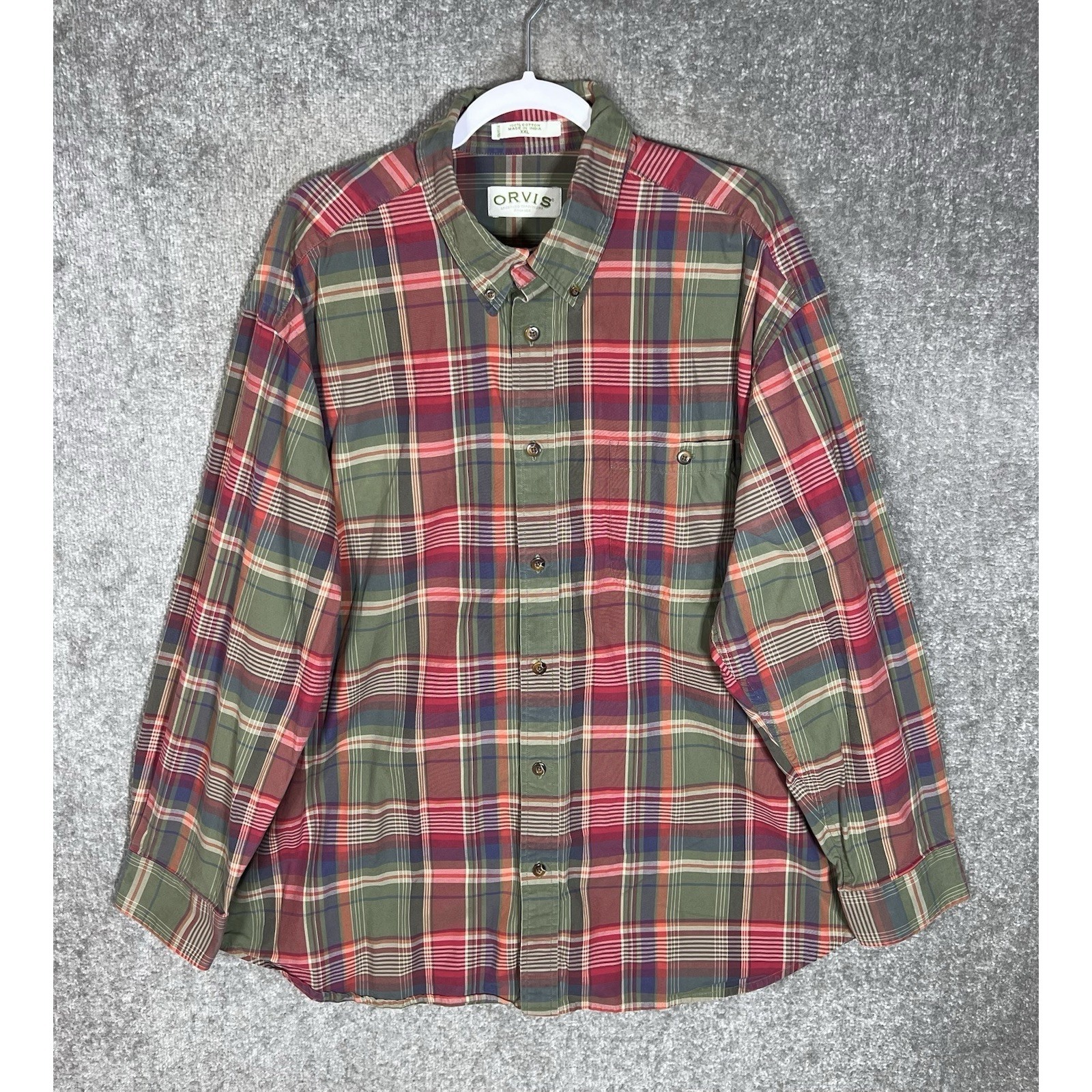 Orvis Button Down Shirt Mens Size Xxl Green Red Plaid Cotton Long Sleeve Pocket